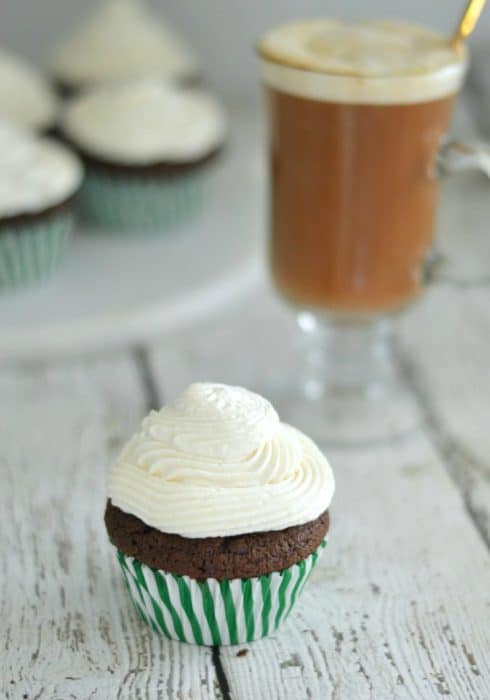 These Irish Coffee Cupcakes are made with a rich chocolate batter and topped with fresh whipped cream