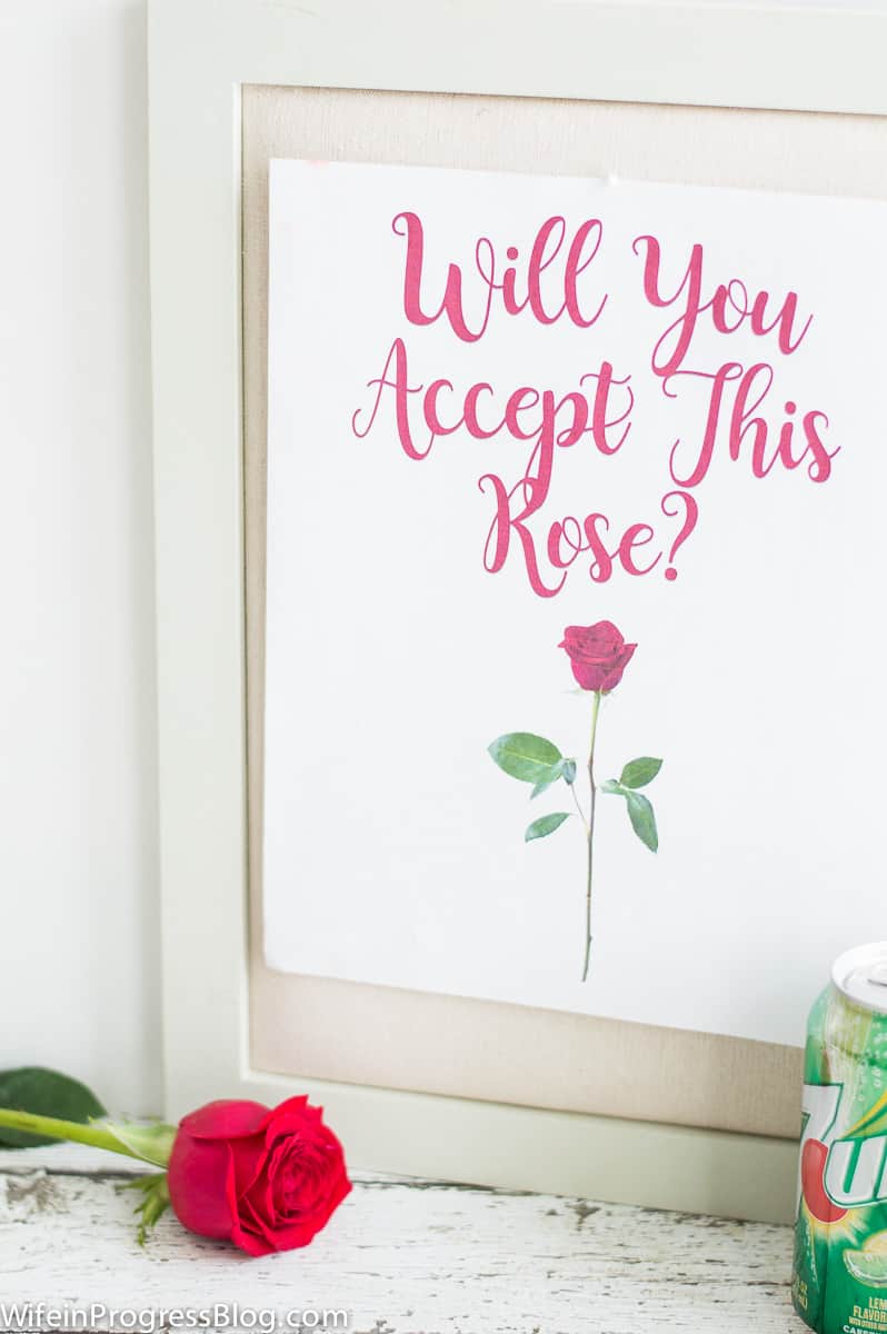 A frame with a photo of a rose and the words \"Will you accept this rose?\" written in pink