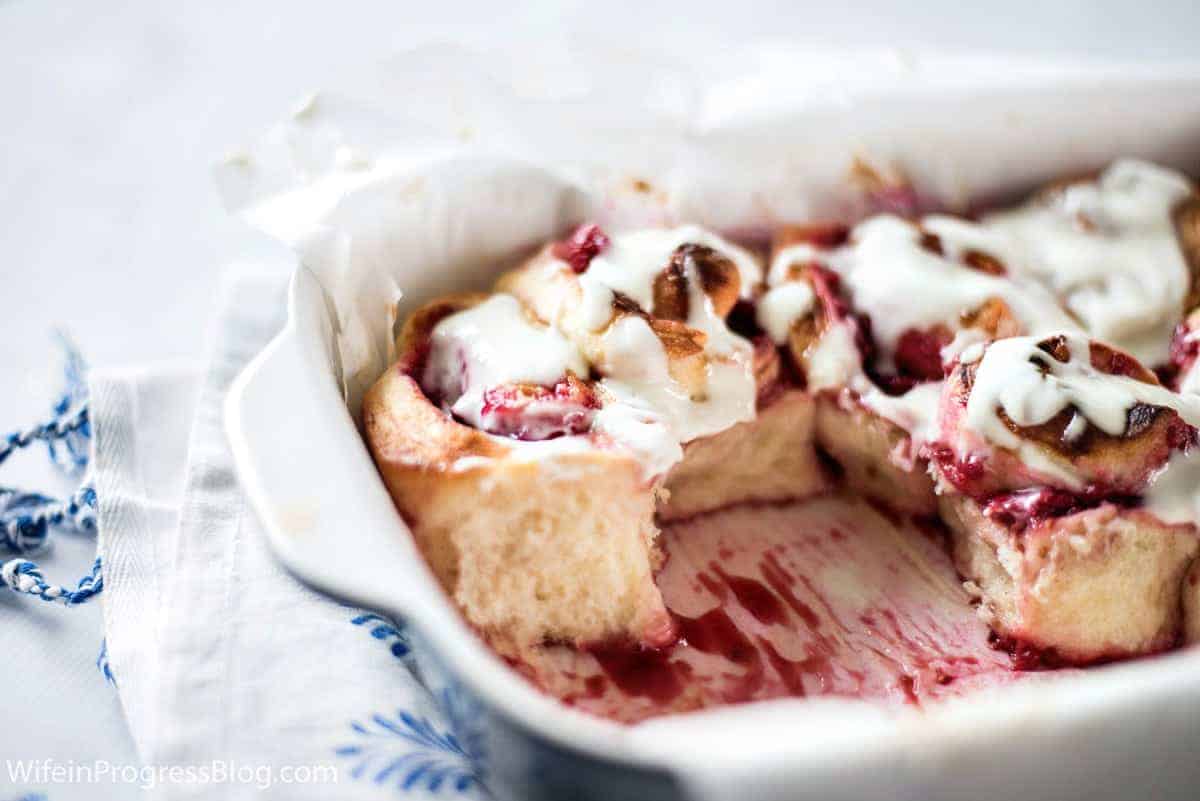 soft and fluffy texture of the raspberry sweet rolls