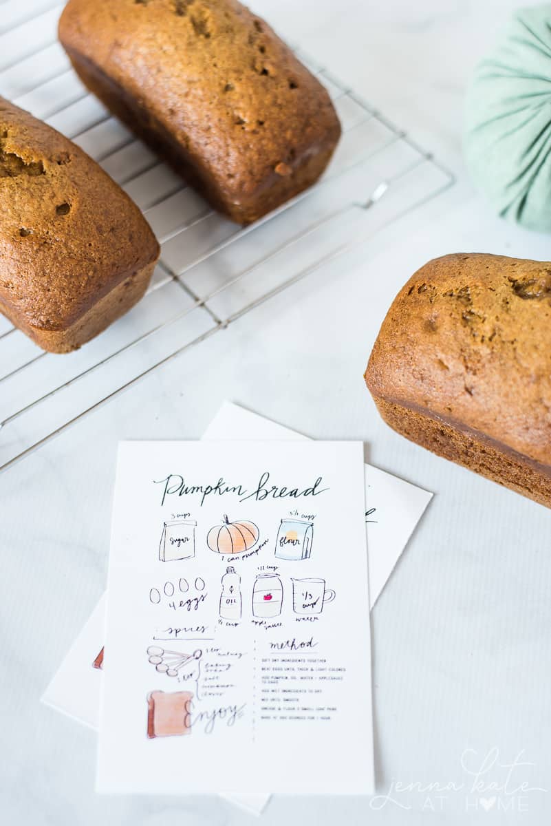 pumpkin bread next to printable recipe card