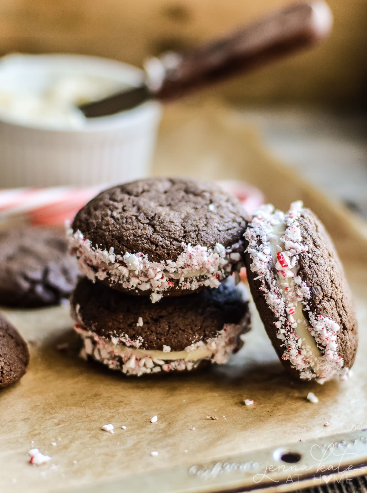 Chocolate Peppermint Sandwich Cookies rolled in crushed candy canes