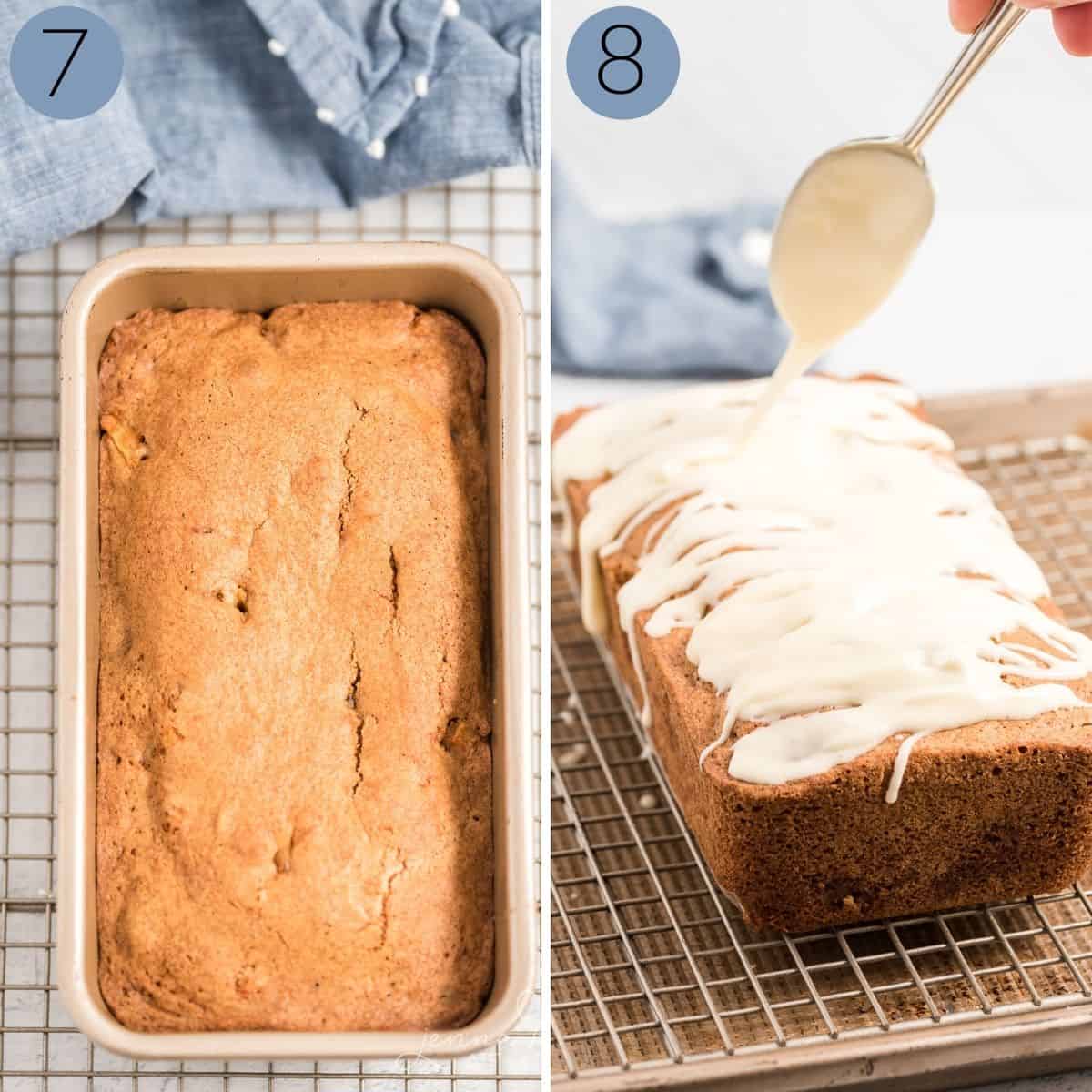 allowing the cinnamon apple bread to cool on a wire rack and then adding a vanilla glaze on top