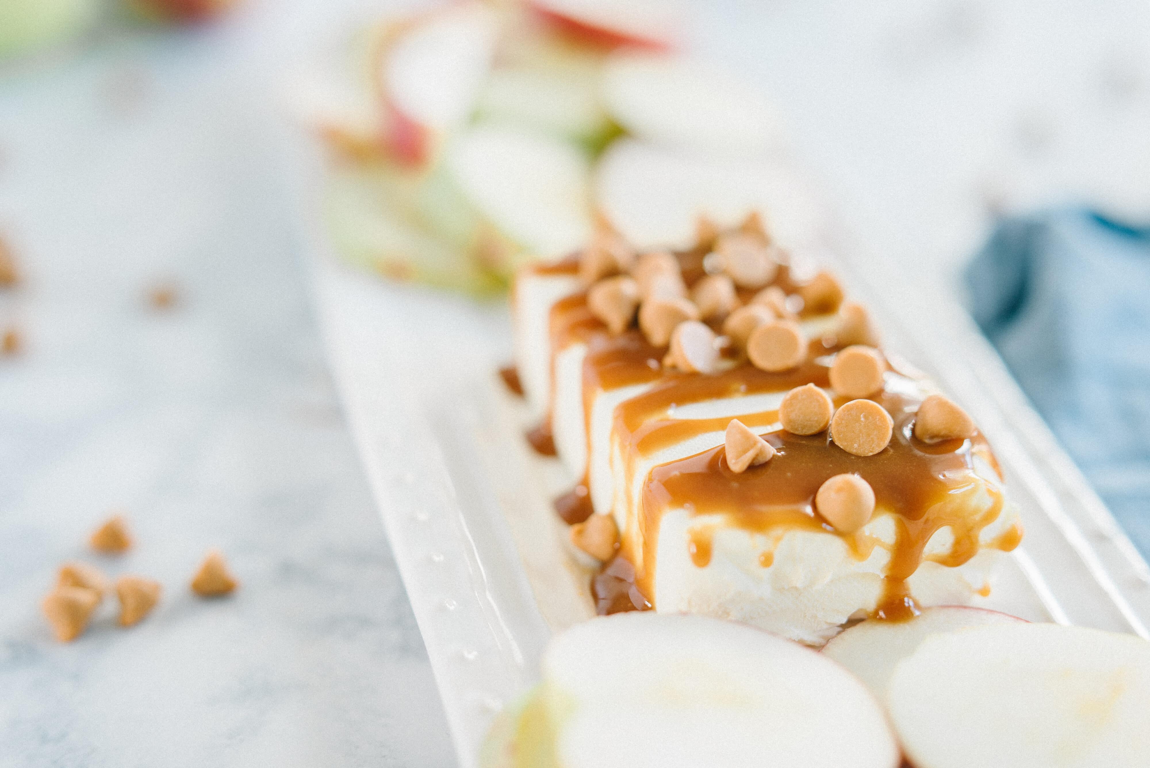 Cream cheese with caramel sauce drizzled on top