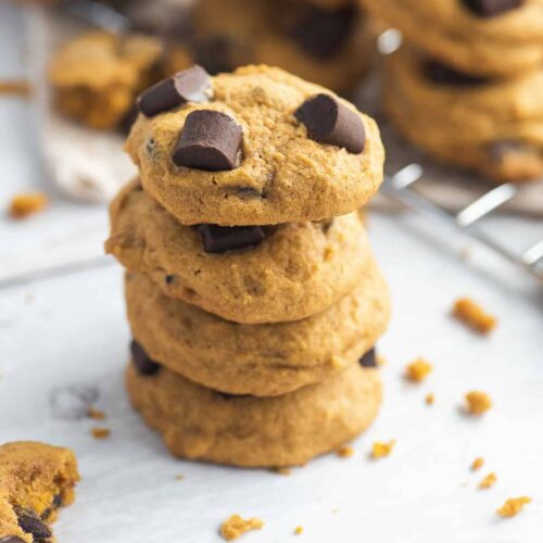 soft pumpkin chocolate chip cookies stacked