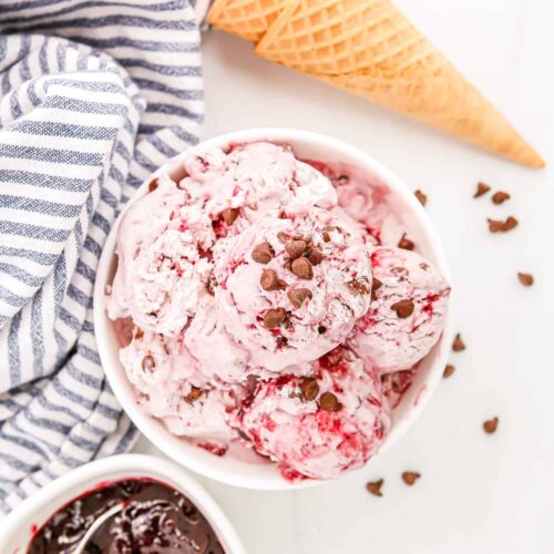 black raspberry chocolate chip ice cream in a bowl