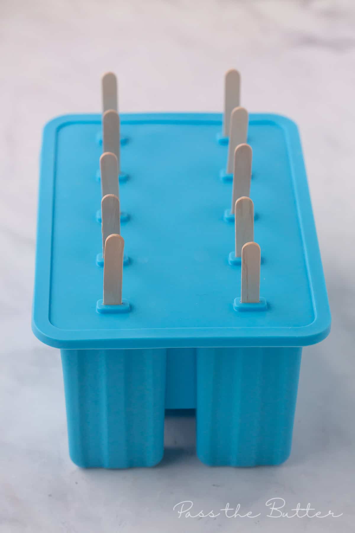 silicone mold with lid on and popsicle sticks sticking out